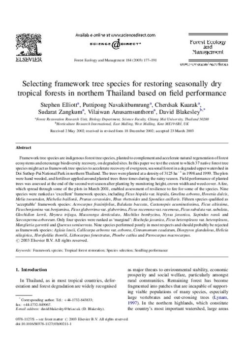Selecting framework tree species for restoring seasonally dry tropical forests in northern Thailand based on field performance