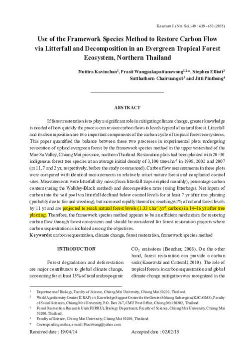 Use of the framework species method to restore carbon flow via litterfall and decomposition in an evergreen tropical forest ecosystem, northern Thailand